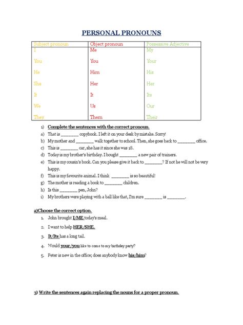 Personal Pronouns Subject Object Possessive 19980 Pdf Pronoun Syntactic Relationships