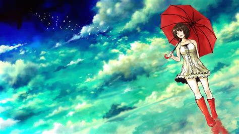 Wallpaper Anime Girls Brunette Brown Eyes Umbrella Sky Clouds