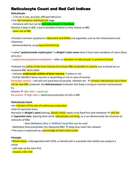 Reticulocyte Count And Red Cell Indices Reticulocyte Count And Red