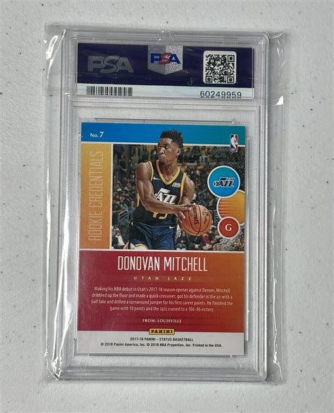 2017 18 Panini Status Donovan Mitchell Jazz RC Rookie Credentials PSA 9