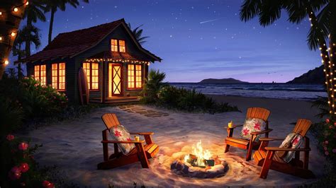 Campfire On The Beach Ambience With Crackling Fire Ocean Waves For