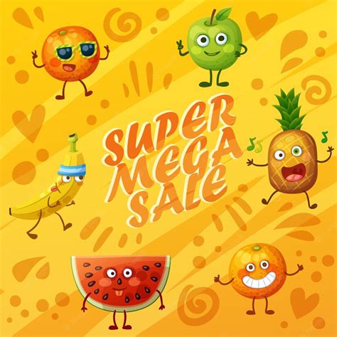 Fundo Laranja Com Emoji De Comida De Personagens De Frutas Vetor Premium