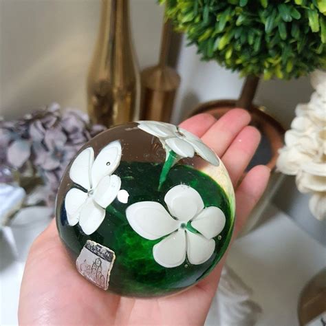 Vintage 1970s Fratelli Toso Venetian Glass Castle Murano Paperweight ~ Green With Large White