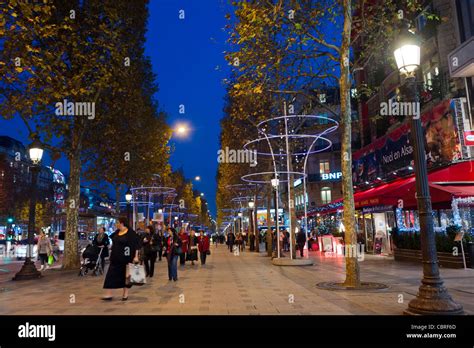 Paris France View Avenue Champ Elysees At Dusk With Christmas