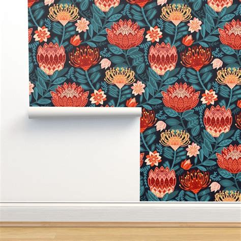 Floral Wallpaper Protea Chintz Navy Large Version By Etsy