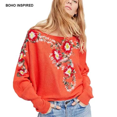 Boho Inspired Sweater Floral Embroidery Long Sleeve Bohemian Winter