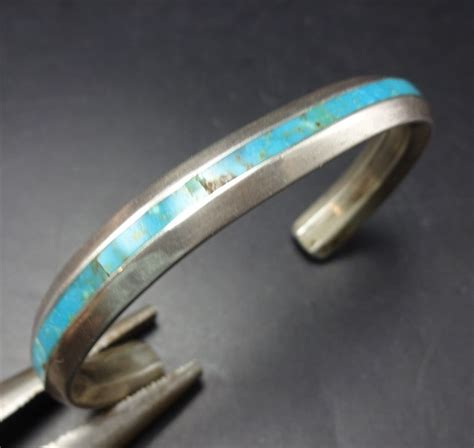 Vintage NAVAJO Heavy Gauge Sterling Silver TURQUOISE CHANNEL Inlay Cuff