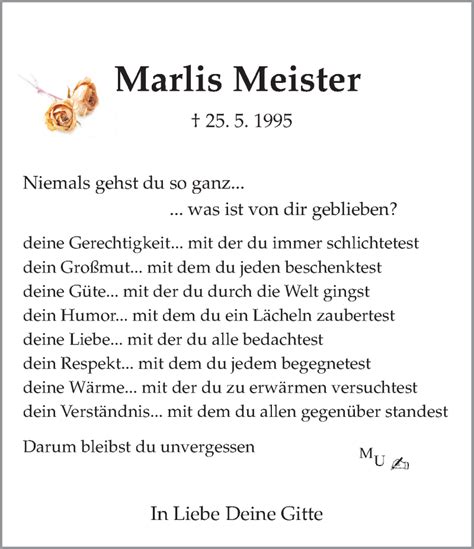 Traueranzeigen Von Marlis Meister Sich Erinnern De