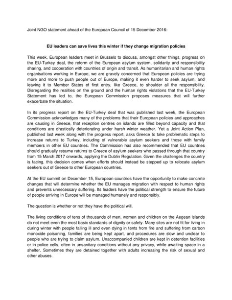 Joint Ngo Statement Ahead Of The European Council Of 15 December 2016