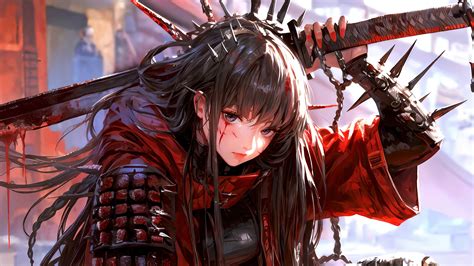 125a Samurai Anime Girl Katana Armor 4k Wallpaper Pc Desktop