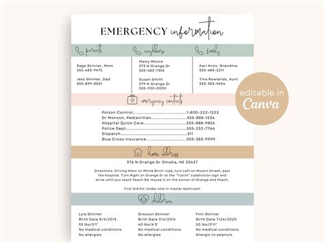 Emergency Information Sheet Editable Emergency Contact Info Template On