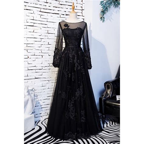 Stunning Illusion Neckline Long Sleeve Beaded Appliques Black Tulle A