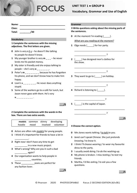 Focus E Unit Test Vocabulary Grammar Uo E Unit Group B Pearson