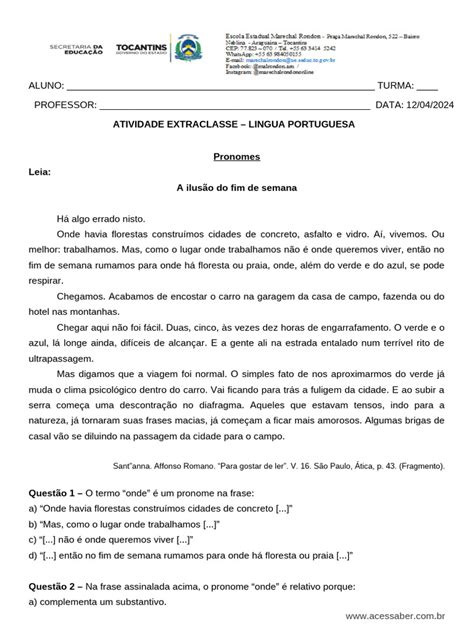 Português 2 Ano Ensino Médio Pdf - Atividade-de-portugues-Pronomes-2º-ano-do-ensino-medio-Word | PDF