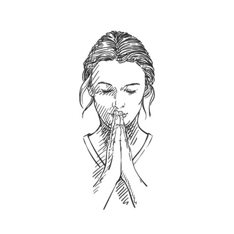 Sketch Woman Praying Hands Folded Worship Isolated Head Eyes Closed