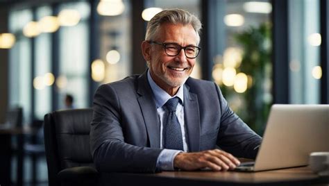 Premium Photo Smiling Mature Adult Business Man Executive Sitting At