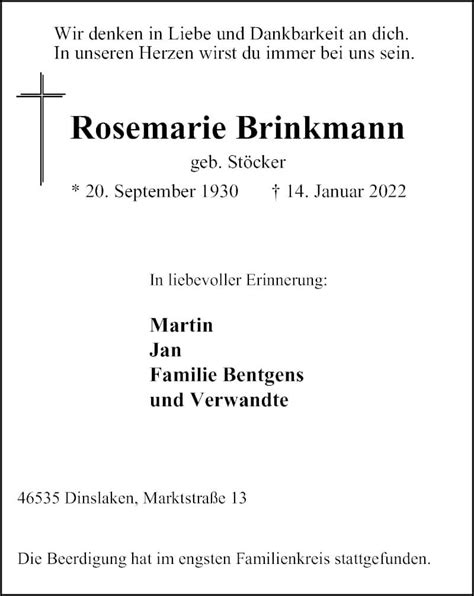 Traueranzeigen Von Rosemarie Brinkmann Trauer In Nrw De