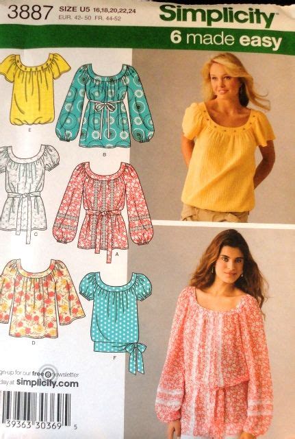 Misses Set Of 6 Peasant Blouses Sewing Pattern Simplicity 3887 Size 16