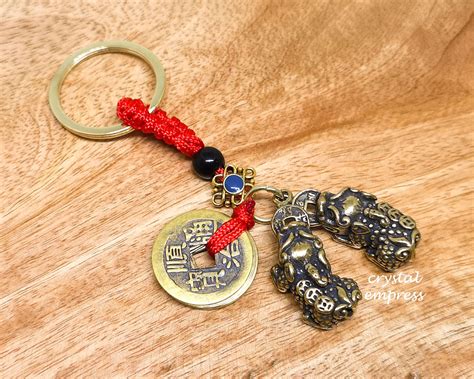 Brass Double Pi Yao With Five Emperor Coins Keychain Crystal Empress
