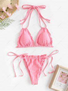 ZAFUL Honeycomb Textured Halter Tie Side Loincloth Bikini Swimwear In LIGHT PINK ZAFUL