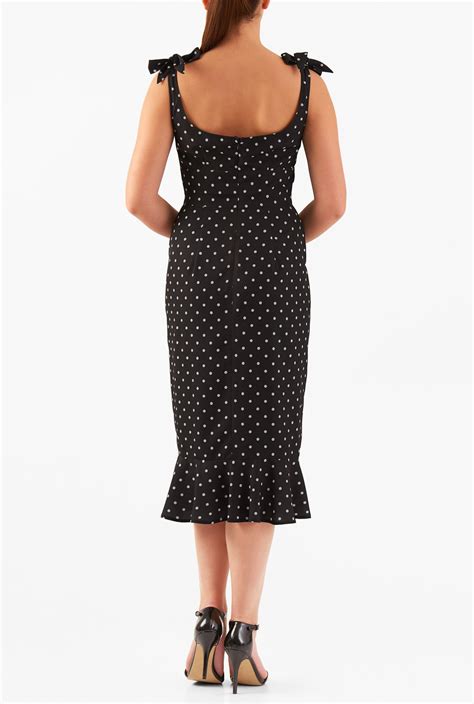 Shop Polka Dot Print Crepe Flounced Hem Sheath Dress Eshakti