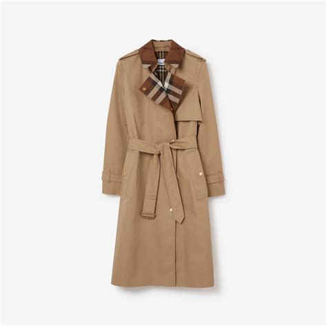 Long Check Collar Gabardine Trench Coat In Camel Women Cotton Gabardine Burberry® Official