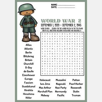 WORLD WAR 2 Word Search Puzzle Worksheet Activity By Mind Games Studio