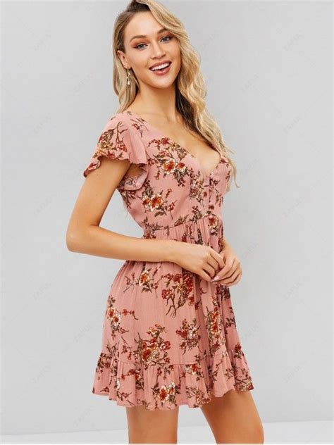 Off Zaful Button Up Floral A Line Dress In Pink Zaful Canada