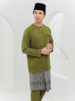 Baju Melayu Teluk Belanga ModenWarna Olive Green Set Dewasa Ayah Dan