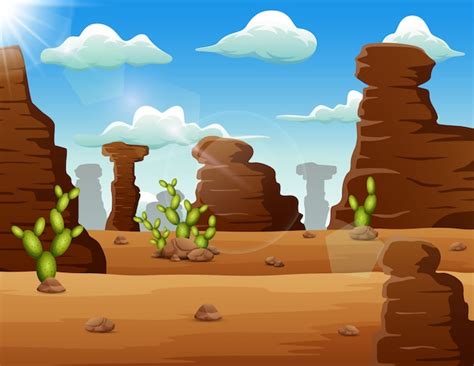 Paisaje Del Desierto De Dibujos Animados Con Colinas Y Montañas De Cactus Vector Premium