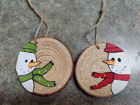 Set Of 2 Snowmen Couple Wood Slice Ornaments Etsy