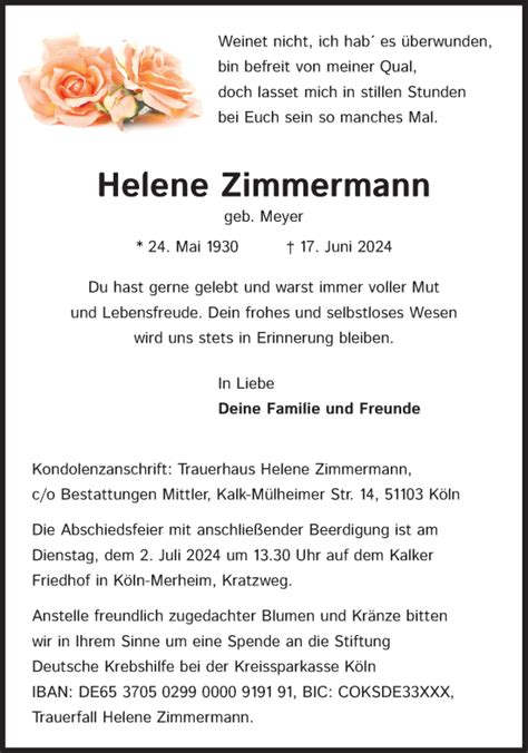 Traueranzeigen Von Helene Zimmermann WirTrauern