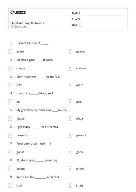 50 Singular Nouns Worksheets For 5th Grade On Quizizz Free And Printable