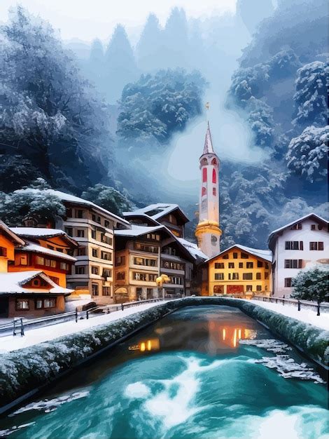 Premium Vector In Snow Castle Old Castle In Woods Style Town Photorealistic Quiet River Stone