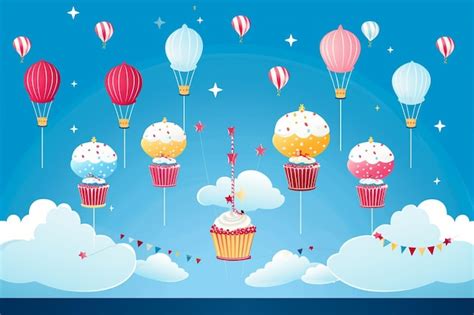 Premium Vector Happy Birthday Hot Air Balloons And Cupcakes
