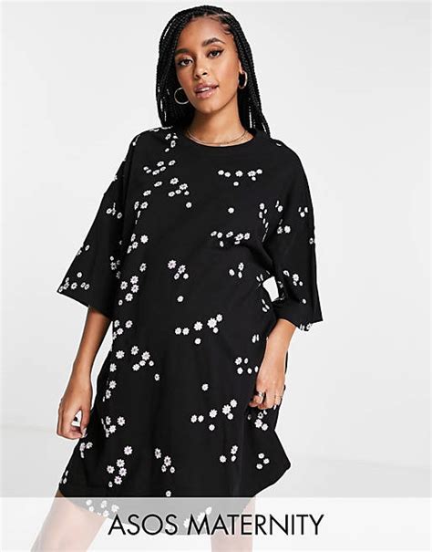 Asos Design Maternity Oversized T Shirt Dress With All Over Lilac Ditsy