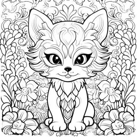 Una página para colorear con un gato sentado en un jardín de flores ai