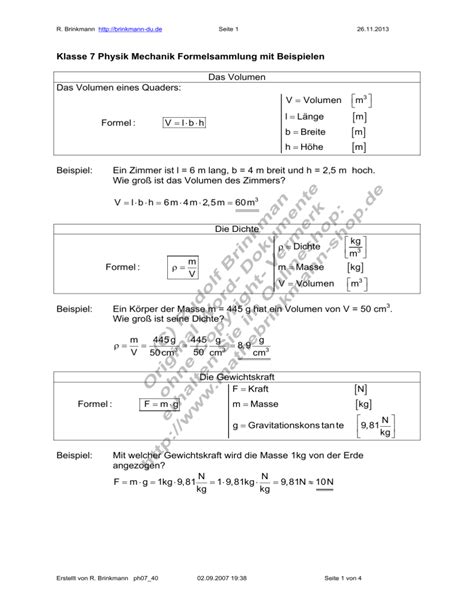 Klasse Physik Mechanik Formelsammlung Mit