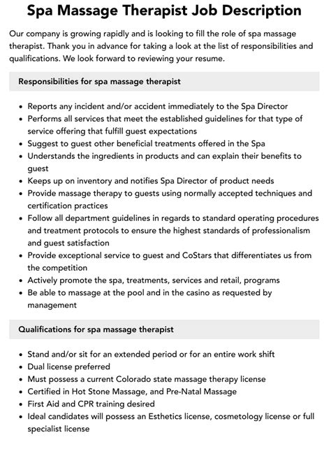 Spa Massage Therapist Job Description Velvet Jobs