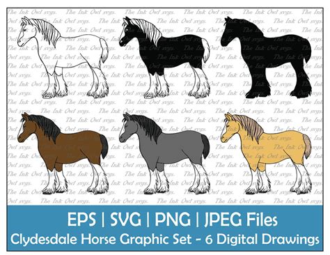 Clydesdale Horse Vector Clipart / Outline, Silhouette Stamp & Color Graphic Illustrations / Farm ...