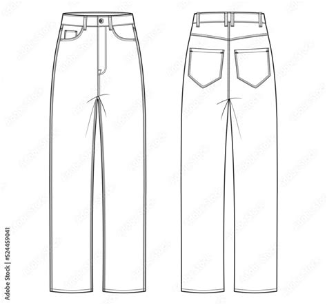 Womens High Rise Regular Jeans Flat Sketch Vector Illustration High Waisted Regular Cut Jeans