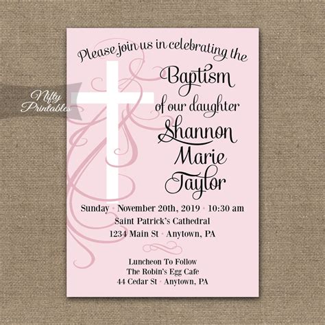 Pink Swirly Cross Girls Baptism Invitations Nifty Printables