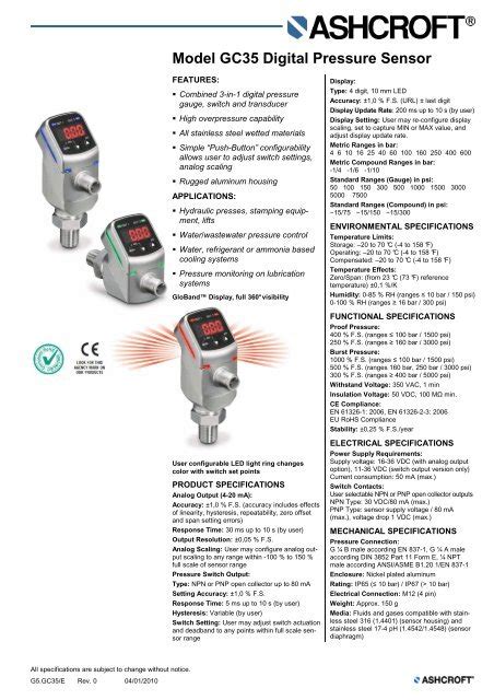 Model GC35 Digital Pressure Sensor Ashcroft Instruments GmbH