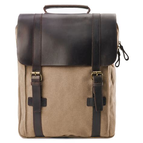 Vintage Style Tan Canvas And Dark Leather Backpack In Stock Delton Bags