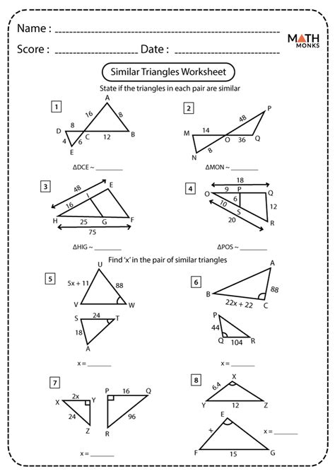 Similar Triangles Worksheets Math Monks