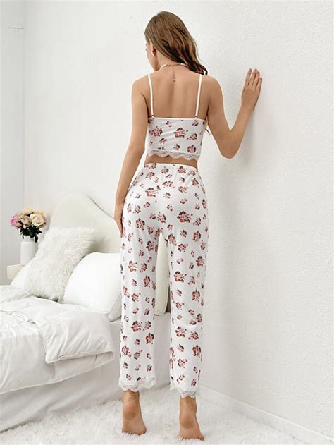 Floral Print Contrast Lace Cami Top Pants Pj Set Shein Usa