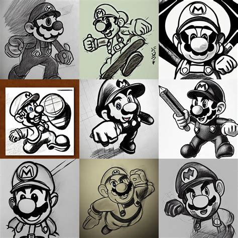 Epic Shaded Pencil Sketch Of Super Mario Mid Stable Diffusion