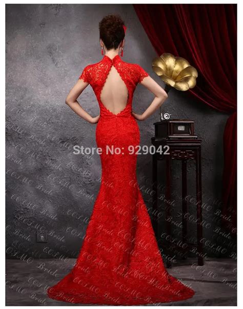 Chinese Traditional Wedding Dress Red Fashionable Lace Sexy Backless