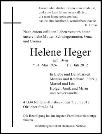 Alle Traueranzeigen für Helene Heger trauer rp online de