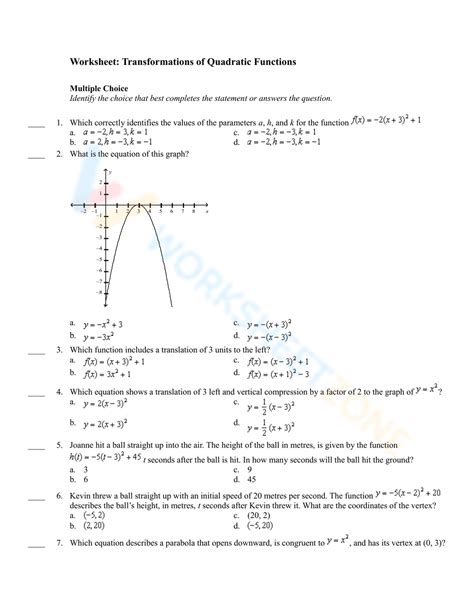 Transformations Of Quadratic Functions Worksheet